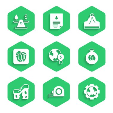 Küresel gezegeni ampul, rulet inşaatı, çarklar ve toprak, sergi mineralleri, kayalar, jeolojik fay taşı, volkan ve petrol para ikonu ile ayarla. Vektör