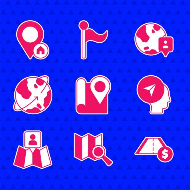 Katlanmış haritayı konum belirleyicisi, Arama, Geçiş yolu trafiği, Harita insanı, Dünya 'nın yörüngesinde dönen uydular, yer küresi ve ev simgesi ile ayarla. Vektör