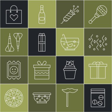 Plastik torba dolusu ilaç, hediye kutusu, şenlikli konfeti, havai fişek roketi, dart oku, kalp alışverişi ve karışık punç ikonu. Vektör