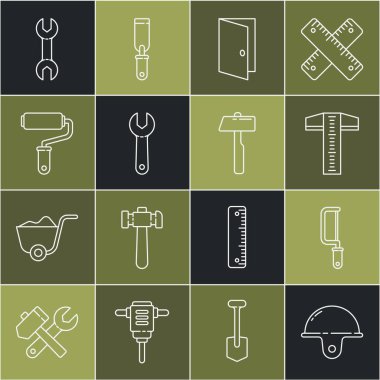 Hat çizgisi güvenlik kaskı, testere, T-square hattı, kapalı kapı, İngiliz anahtarı, boya fırçası ve çekiç simgesi. Vektör