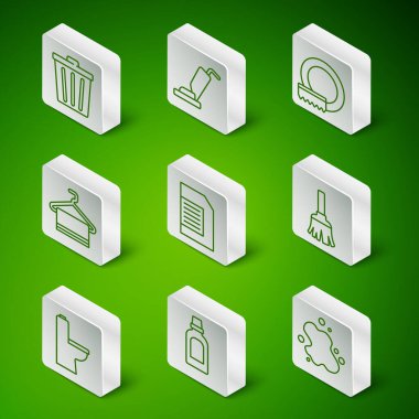 Hattı kurun, su dökülmesi, temizlik malzemesi şişesi, çöp tenekesi, çamaşır deterjanı, havluyu askılıkta, elektrikli süpürge, tuvalet temizleyicisi ve tüy süpürgesi ikonu. Vektör