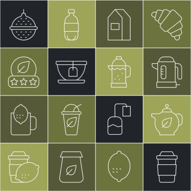 Bir bardak çay, yapraklı çaydanlık, elektrikli çaydanlık süt, torba, top süzgeci ve Fransız basın ikonu için kağıt paket. Vektör