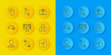 Katlanmış haritayı konum işaretleyicisi, paralı yol trafiği, monitör, şehir navigasyonu, harita insanı ve yol simgesi ile ayarla. Vektör