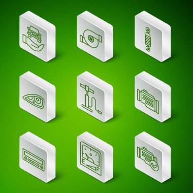 Hat kontrolü motoru, motor benzin göstergesi, otomobil kontrol otomobili, araba pompası, far, otomotiv turbo şarj aleti, ses ve simge. Vektör