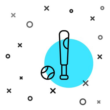 Beyaz zemin üzerinde top ikonu olan siyah çizgi beyzbol sopası. Rastgele dinamik şekiller. Vektör