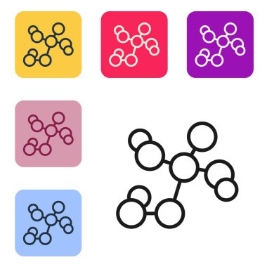 Siyah çizgi kimyasal formül simgesi beyaz arkaplanda izole edildi. Yenilikçi tıp, sağlık, araştırma ve bilim için soyut altıgen. Renkli kare düğmelerle simgeleri ayarla. Vektör