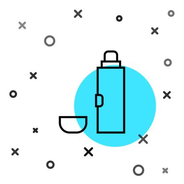 Beyaz arka planda siyah çizgi termos konteynır simgesi izole edildi. Termo matara ikonu. Kamp ve yürüyüş ekipmanları. Rastgele dinamik şekiller. Vektör