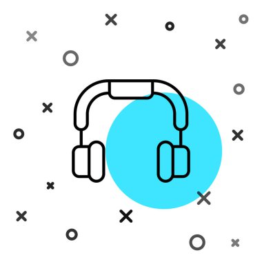 Siyah çizgi kulaklık simgesi beyaz arkaplanda izole edildi. Kulaklıklar. Müzik, hizmet, iletişim ve operatör konsepti. Rastgele dinamik şekiller. Vektör