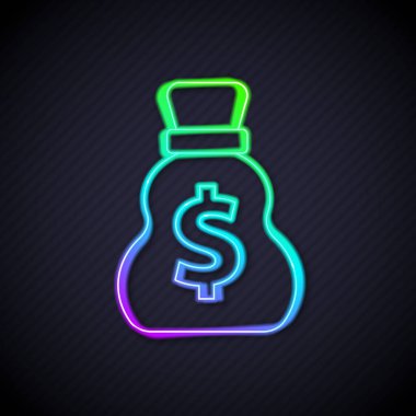 Parlayan neon hattı. Eski para çantası simgesi siyah arka planda izole edilmiş. Nakit bankacılık tabelası. Vektör