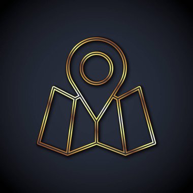 Siyah arkaplan üzerinde konum belirleyici simgesi olan altın çizgili harita. Vektör