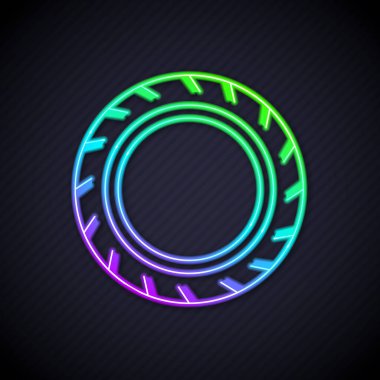 Parlak neon çizgili araba tekerleği simgesi siyah arka planda izole edildi. Vektör