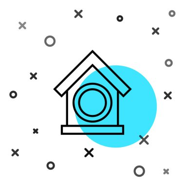 Beyaz arka planda siyah çizgi köpek evi simgesi izole edildi. Köpek kulübesi. Rastgele dinamik şekiller. Vektör