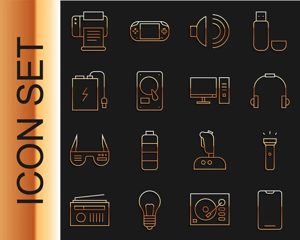 Définir Ligne Smartphone Téléphone Mobile Lampe Poche Casque Volume Haut — Image vectorielle
