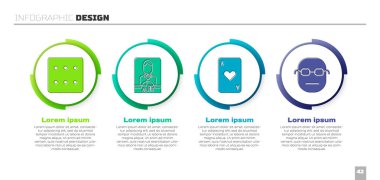 Set Game zarları, kumarhane dağıtıcısı, kalp ve poker oyuncusuyla kağıt oynamak. Ticari bilgi şablonu. Vektör.