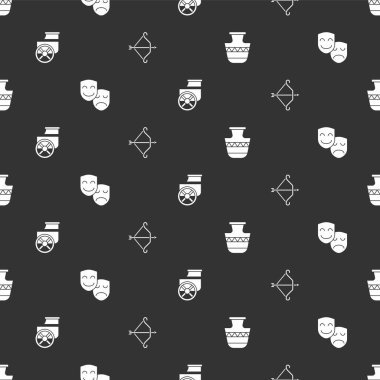 Kadim amforalar, komedi ve trajedi maskeleri, at arabası ve ortaçağ yayını kusursuz desenli okla ayarlayın. Vektör