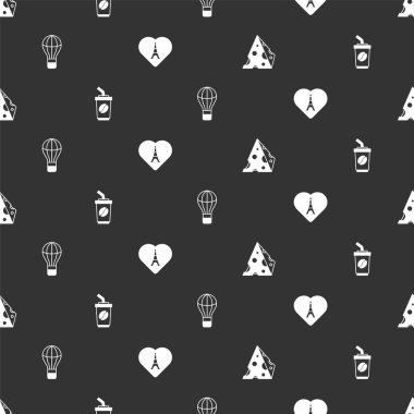 Peynir, kahve bardağı, sıcak hava balonu ve kalbi pürüzsüz olan Eyfel kulesi. Vektör