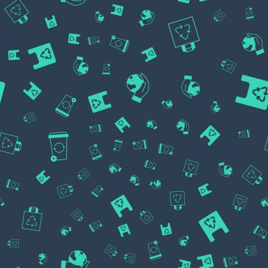 El ele tutuşan Dünya küresi, geri dönüşümlü alışveriş torbası, geri dönüşüm kutusu ve kusursuz desen. Vektör