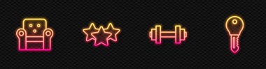 Hat Dumbbell, Armchair, Stars derecesi ve otelin kapı kilidi anahtarı. Parlayan neon ikonu. Vektör