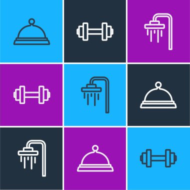 Sırayı yemek tepsisi, duş ve Dumbbell ikonu ile kaplayın. Vektör