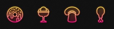 Sıra mantar, çörek, kasede dondurma ve tavuk budu. Parlayan neon ikonu. Vektör
