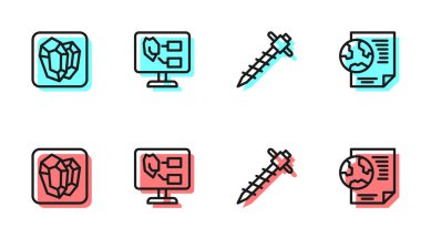 İnşaat matkabı, Mücevher Taşı, toprak analizi ve belge ikonlu Dünya küresi. Vektör