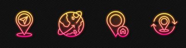 Evin, haritanın, Dünya 'nın yörüngesinde dönen uyduların bulunduğu yeri belirleyin. Parlayan neon ikonu. Vektör