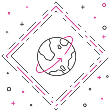 Dünya 'nın yörüngesindeki çizgi yapay uyduları beyaz arka planda izole edilmiş dış uzay ikonunda. İletişim, navigasyon konsepti. Renkli taslak konsepti. Vektör