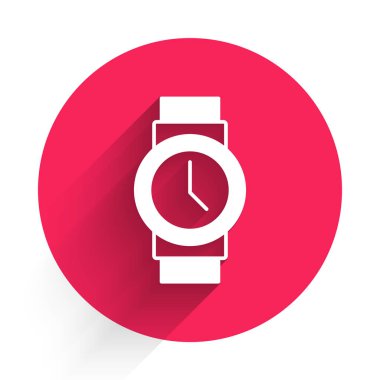 Beyaz bilek saat simgesi uzun gölge arkaplan izole. Kol saati simgesi. Kırmızı daire düğmesi. Vektör