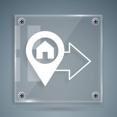 Gri arkaplanda ev simgesi olan beyaz harita işaretçisi. Ev konumu belirleyici sembol. Kare cam paneller. Vektör