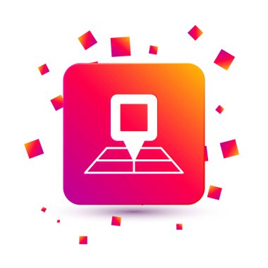 Beyaz zemin üzerinde konum belirleyici simgesi olan beyaz katlı harita. Kare renk düğmesi. Vektör