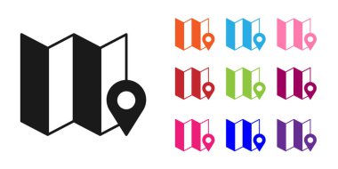 Beyaz arkaplanda konum belirleyici simgesi olan siyah katlı harita. Simgeleri renklendirin. Vektör