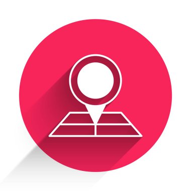 Konum imleci simgesine sahip beyaz katlı harita uzun gölge arkaplanı ile izole edildi. Kırmızı daire düğmesi. Vektör