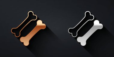 Siyah arkaplanda altın ve gümüş köpek kemiği ikonu var. Besin sembolü. Uzun gölge tarzı. Vektör