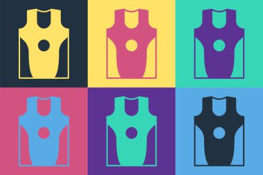 Pop Art Boks forması ve tişört ikonu renkli arka planda izole edilmiş. Vektör