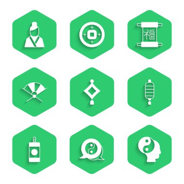 Çin kağıt feneri, Yin Yang sembolü, Havai fişek, geleneksel hayran, Yeni Yıl ve Asyalı kadın ikonu. Vektör