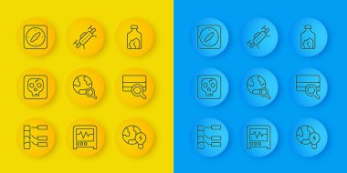 Çizgi analizi, arkeoloji, küreyle büyüteç, küresel gezegen ampulü, pusula, maden ve insansız hava aracı ikonu. Vektör