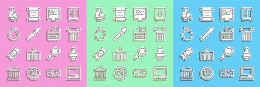 Retro TV, Ancient amforae, sütun, resim, gümüş kaşık, altın yüzük ve disket simgesi. Vektör