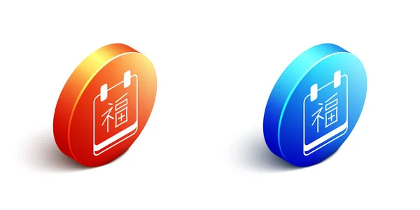 Isometrische chinesische Neujahrsikone isoliert auf weißem Hintergrund. Orange und blauer Kreis-Knopf. Vektor — Stockvektor