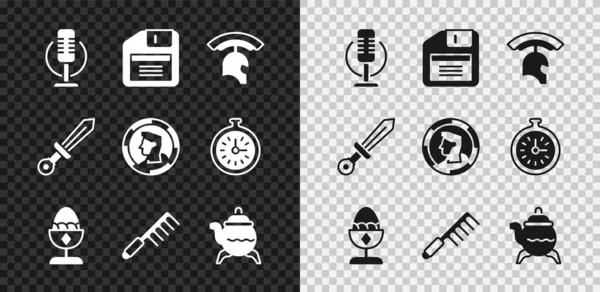 Set Microphone, Floppy disk, Roman army helmet, Chicken egg stand, Hairbrush, Classic teapot, Medieval sword and Ancient coin icon. Vector — Vetor de Stock
