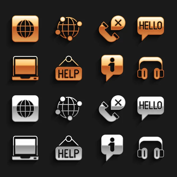 Set Signboard with text Help, Hello in different languages, Headphones, Information, Laptop, Declined missed call, Worldwide and Global technology icon. Vector — ストックベクタ