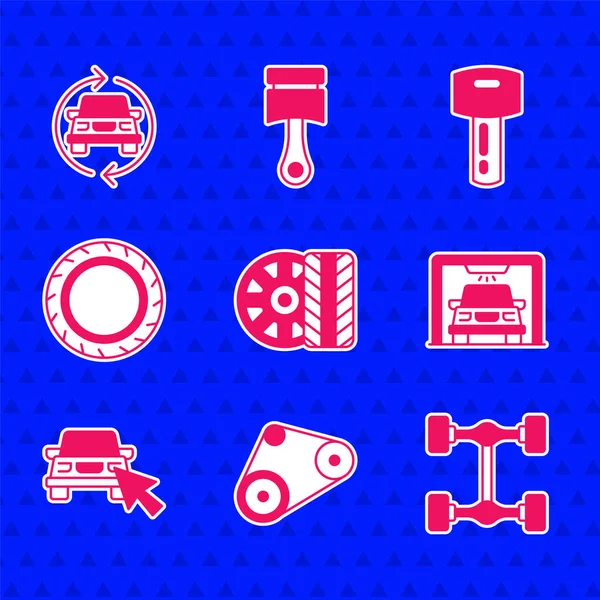 Araba tekerleği, zaman ayarlı kemer kiti, Chassis arabası, yıkama, online paylaşma, uzaktan kumandalı anahtar ve servis simgesi. Vektör