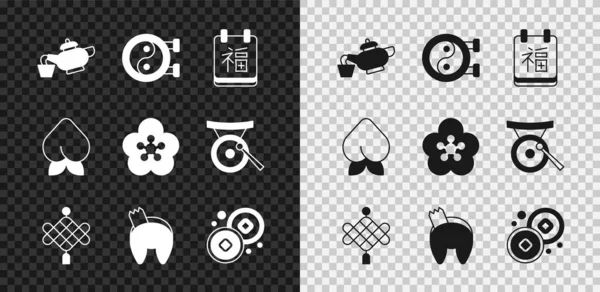 Set Chinese thee ceremonie, Yin Yang symbool, Nieuwjaar, papieren lantaarn, gelukskoekje, Yuan valuta, Perzik fruit nectarine en Lotus bloem pictogram. Vector — Stockvector