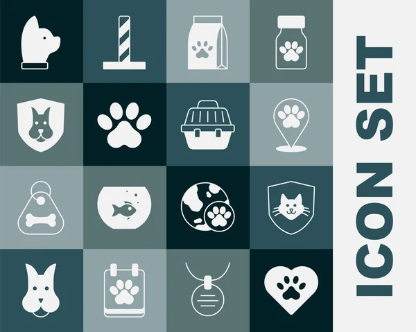 Set Corazón con huella animal, Seguro de salud animal, Lugar hospital veterinario, Bolsa de alimentos para mascotas, Pata, Gato y mascota llevan el icono del estuche. Vector — Archivo Imágenes Vectoriales