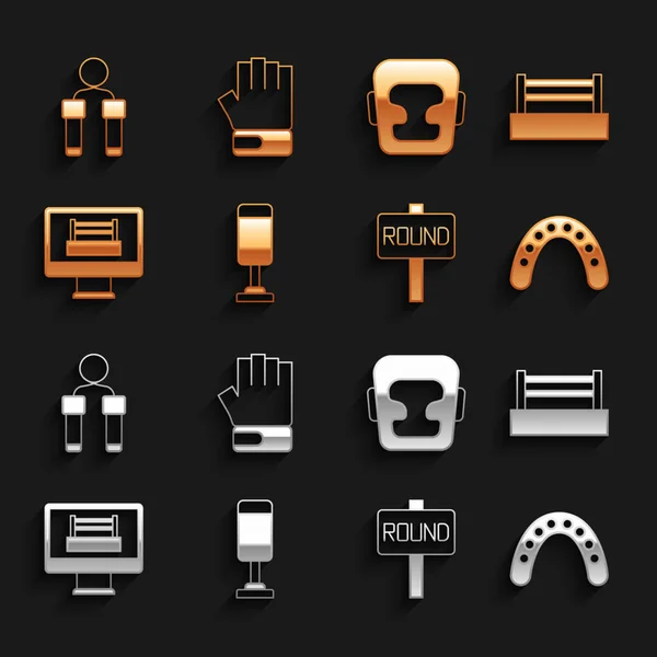 Set Punching bag, Boxing ring, Mouth guard boxer, board, helmet, Jump rope and MMA glove icon. Vector —  Vetores de Stock