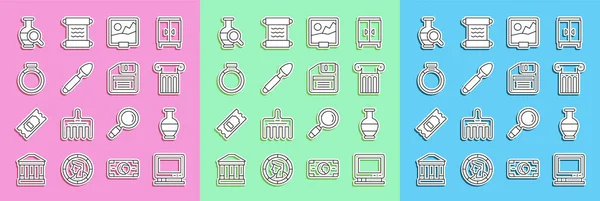 Set line Retro tv, Ancient amphorae, column, Picture, Silver spoon, Gold ring, and Floppy disk icon. Vector — Vetor de Stock