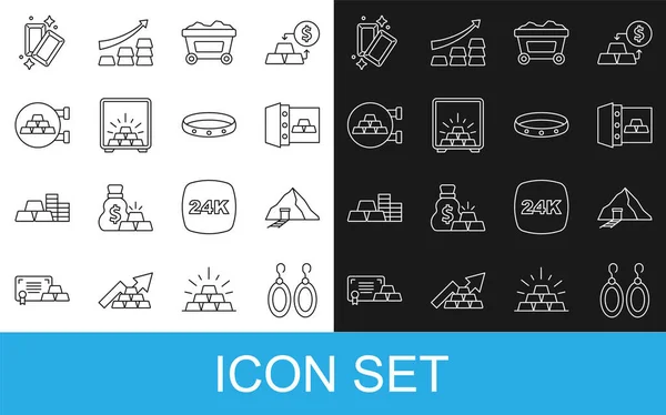 Set line Earrings, Gold mine, Safe with gold bars, Mine cart, Jewelry store, and icon. Vector — Vetor de Stock