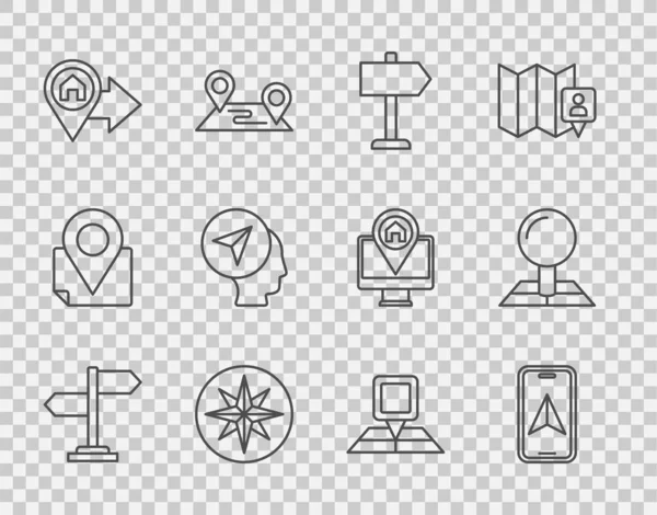 Set line Road traffic sign, City map navigation, Wind rose, Location with house, Map marker human, Folded location and icon. Vector — Archivo Imágenes Vectoriales