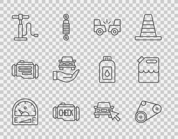 Motor benzin göstergesi, zaman ayarlı kemer kiti, araba kazası, kontrol motoru, hava pompası, otomotiv kontrolü otomotiv, çevrimiçi araba paylaşımı ve benzin ikonu için teneke kutu ayarlayın. Vektör