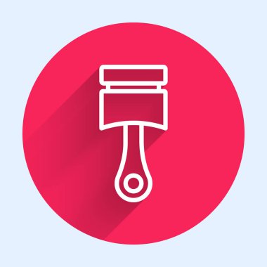 Beyaz çizgi motor piston simgesi uzun gölge arkaplanı ile izole edildi. Araba motoru pistonu işareti. Kırmızı daire düğmesi. Vektör