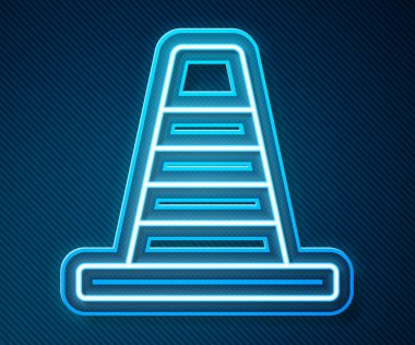 Parlayan neon hattı trafik konisi simgesi mavi arkaplanda izole edildi. Vektör